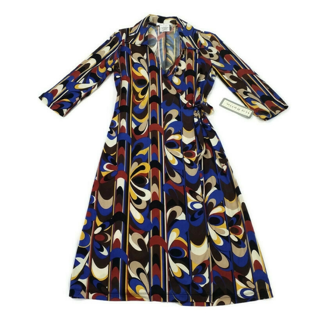 La Belle Multicolor Psychedelic Mod Print Half Sleeve Knit Wrap Dress Womens M